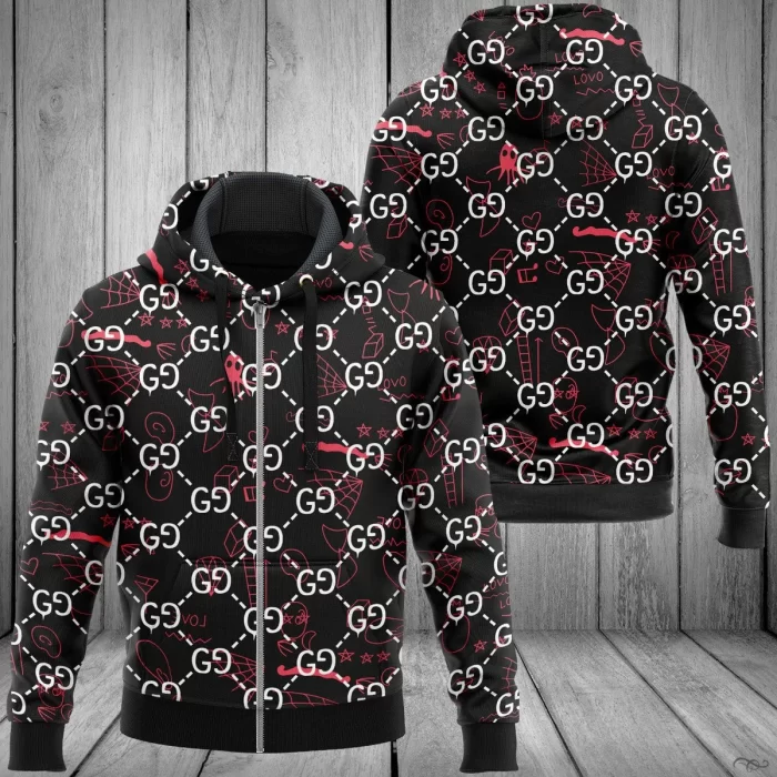 Gucci Red Pattern Black Unisex Zipper Hoodie Luxury Brand ZH01544