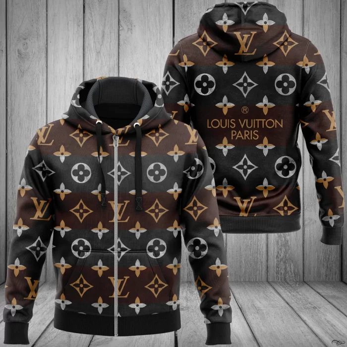 Louis Vuitton Brown Black Unisex Zipper Hoodie Luxury Brand ZH01600