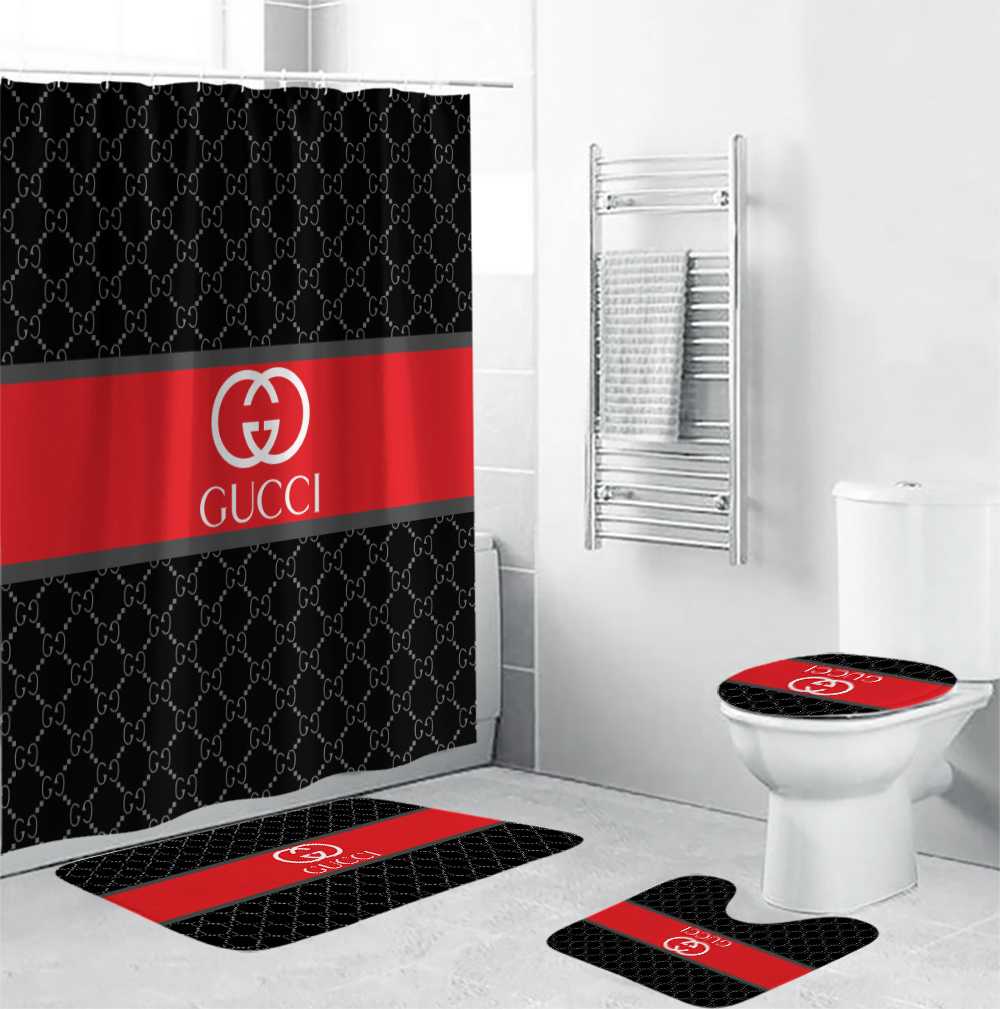 MK Gucci Bathroom Set Beige Red And Black Logo Shower Curtain