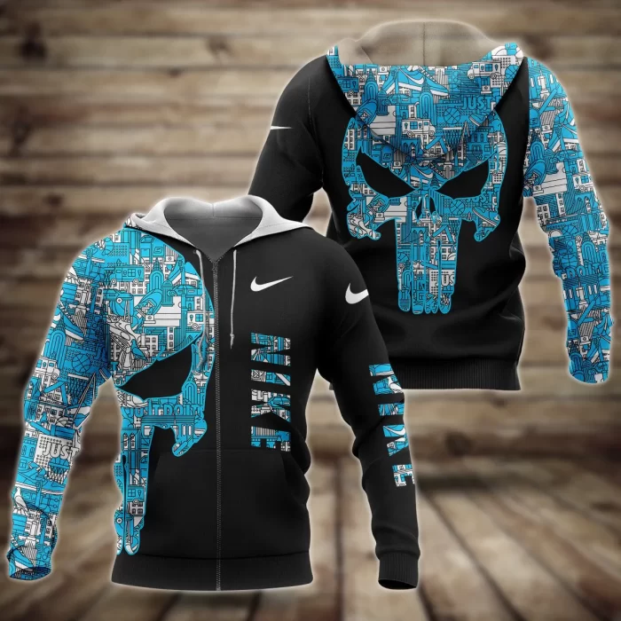 Nike Blue Skull Pattern Black Unisex Zipper Hoodie Luxury Brand ZH01543