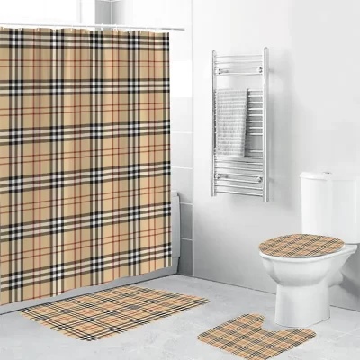 Pastel Pattern Burberry Square Shower Curtains Bathroom Toilet Cover Mat Bath Mat Set BRS233