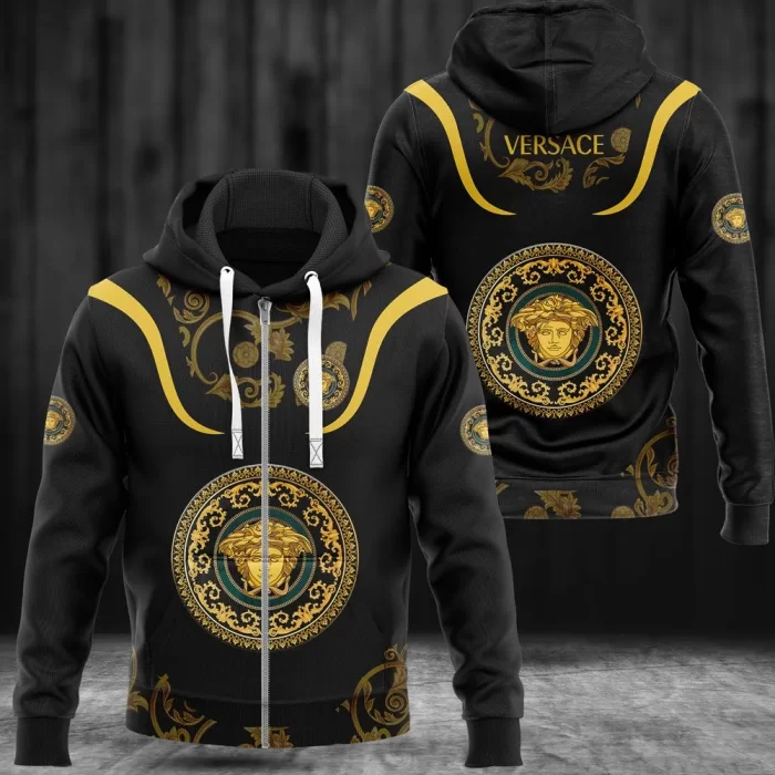 Versace Medusa Pattern Black Unisex Zipper Hoodie Luxury Brand ZH01603