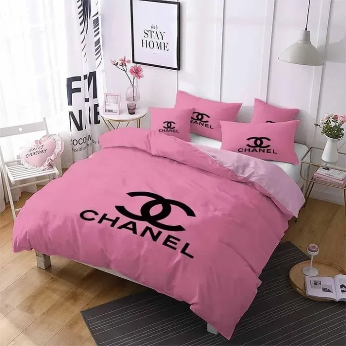 Chanel Light Pink Printed Bedding Sets Duvet Cover Luxury Brand Bedding Decor Bedroom Sets BS410