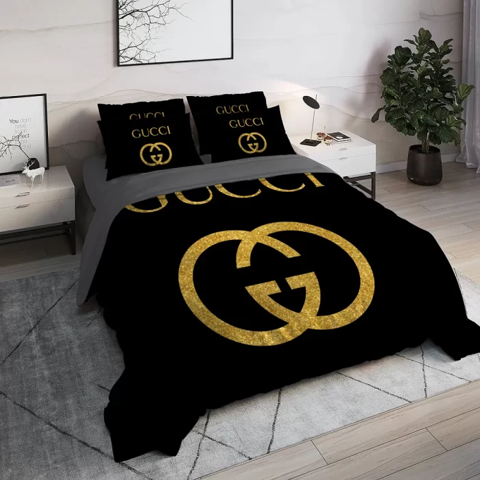 Gucci Black Golden Logo Luxury Brand High End Premium Bedding Set BS160