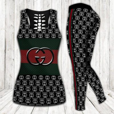 Gucci Black Stripe Tank Top Leggings Set Luxury Brand For Women Yoga Gym