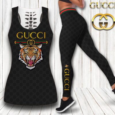 Gucci Black Tiger Tank Top Leggings Set Luxury Brand For Women Yoga Gym