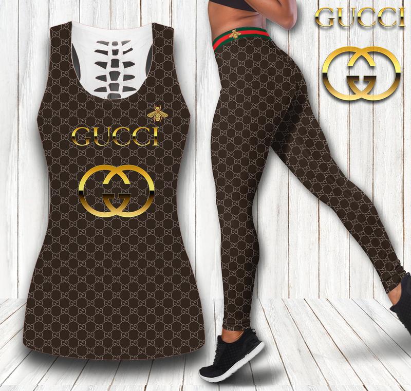Gucci-Brown-Bee-Tank-Top-Leggings-Set-Luxury-Brand-For-Women-Yoga-Gym Gucci Brown Bee Tank Top Leggings Set Luxury Brand For Women Yoga Gym