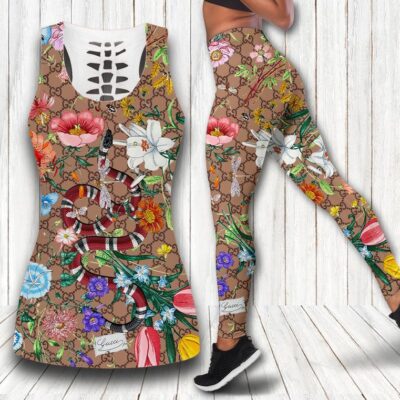 Gucci Flower Snake Tank Top Leggings Set Luxury Brand For Women Yoga Gym