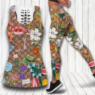 Gucci Flower Tank Top Leggings Set Luxury Brand For Women Yoga Gym