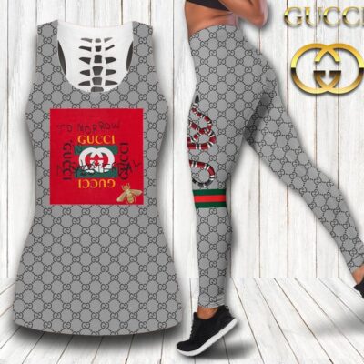 Gucci Grey Snake Tank Top Leggings Set Luxury Brand For Women Yoga Gym