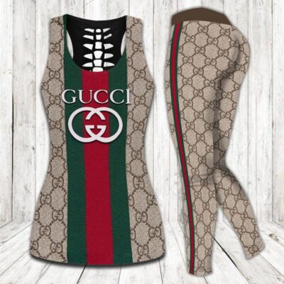 Gucci Stripe Tank Top Leggings Set Luxury Brand For Women Yoga Gym