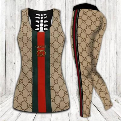 Gucci Stripe Tank Top Leggings Set Luxury Brand For Women Yoga Gym