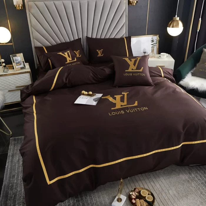 Louis Vuitton Brown And Golden Logo Brand Bedding Set Bedspread Duvet Cover Set BS368