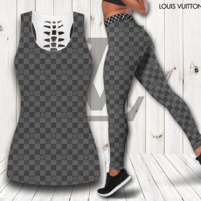 Louis Vuitton Grey Tank Top Leggings Set Luxury Brand Lv For Women Yoga Gym