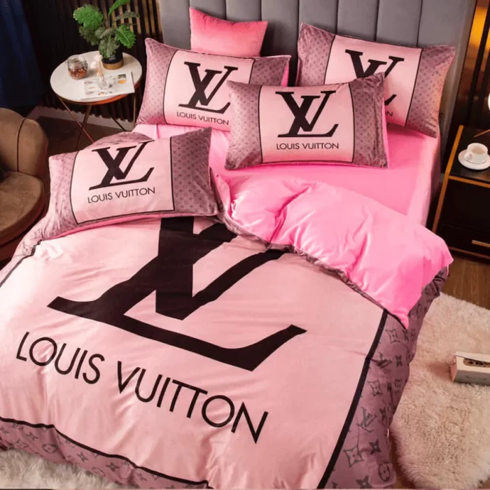 Louis Vuitton Pink Fashion Logo Luxury Brand Bedding Set BS349