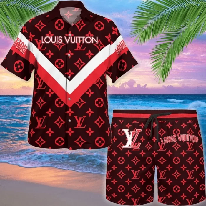 Louis Vuitton Red Luxury Brand Premium Fashion Hawaii Set