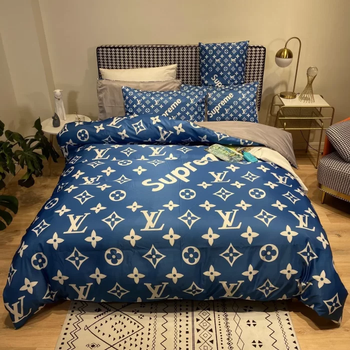 Louis Vuitton Supreme Blue Luxury Brand Bedding Set Bedspread Duvet Cover Set BS376