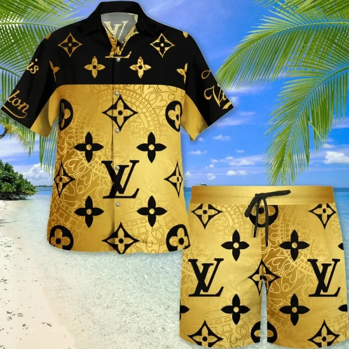 Louis Vuitton Yellow Black Pattern Luxury Brand Fashion Hawaii Set