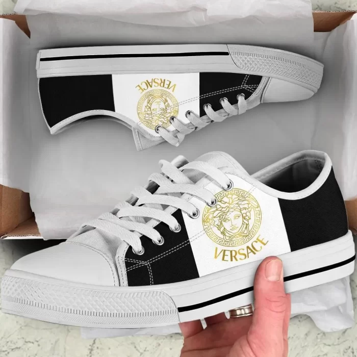 Versace Logo Black White Low Top Canvas Shoes Luxury Brand Sneaker LTS032