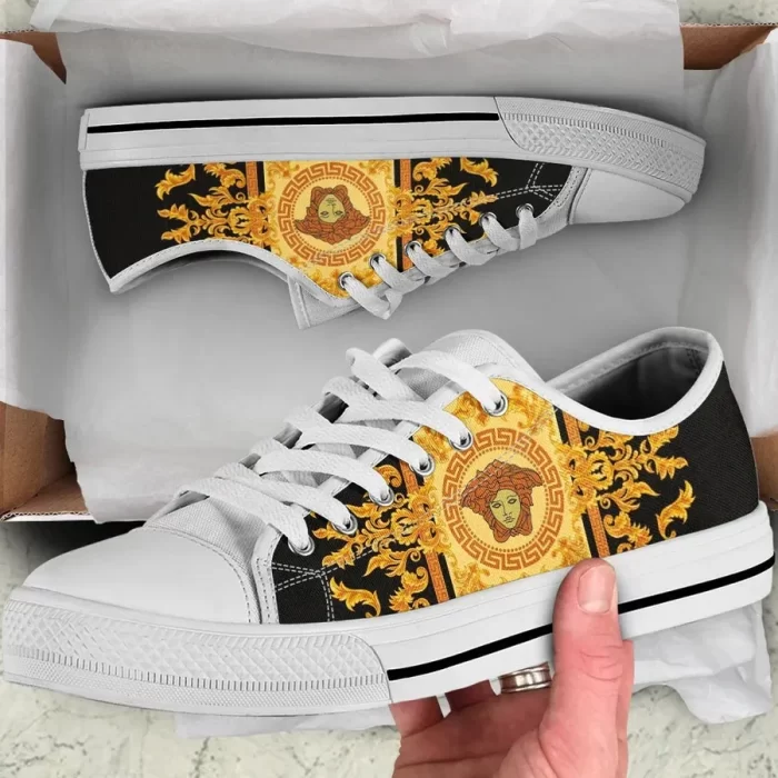 Versace Medusa Black Gold Low Top Canvas Shoes Luxury Brand Sneaker LTS023