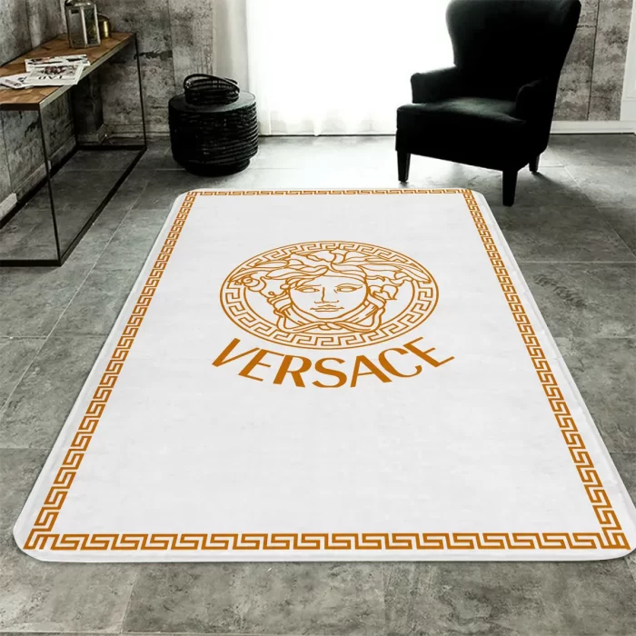 Versace White Golden Logo Luxury Fashion Luxury Brand Premium Area Rug Carpet Floor Decor RR2631