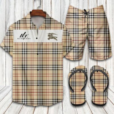 Burberry Flip Flops And Combo Hawaii Shirt Shorts Luxury Brand Summer Outfit HSF218