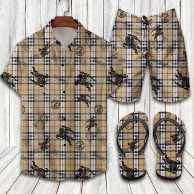 Burberry Flip Flops And Combo Hawaii Shirt Shorts Luxury Brand Summer Outfit HSF311