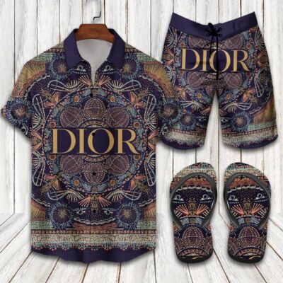 Dior Flip Flops And Combo Hawaii Shirt Shorts Luxury Brand Summer Outfit HSF025