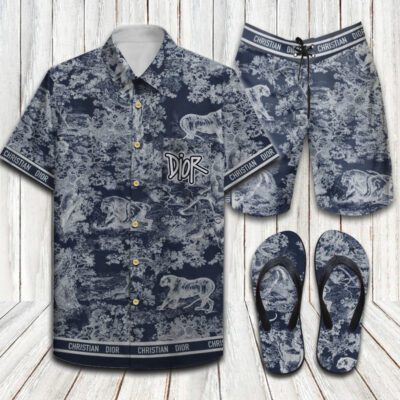 Dior Flip Flops And Combo Hawaii Shirt Shorts Luxury Brand Summer Outfit HSF281