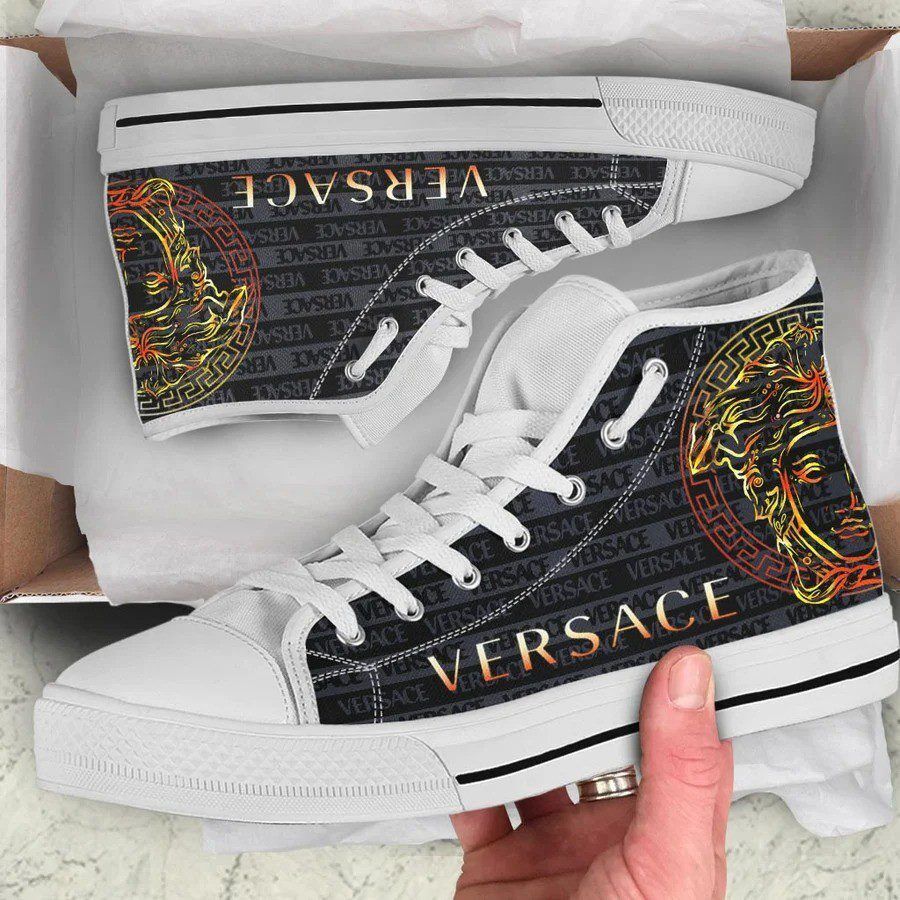 Gianni-Versace-Black-White-High-Top-Canvas-Shoes-Luxury-Sneakers-LHTS043 Gianni Versace Black White High Top Canvas Shoes Luxury Sneakers LHTS043