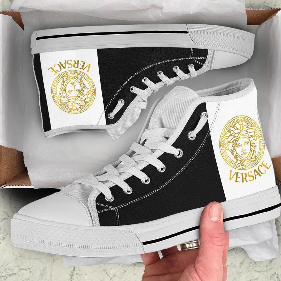 Gianni-Versace-White-Black-High-Top-Canvas-Shoes-Luxury-Sneakers-LHTS055 Gianni Versace White Black High Top Canvas Shoes Luxury Sneakers LHTS055