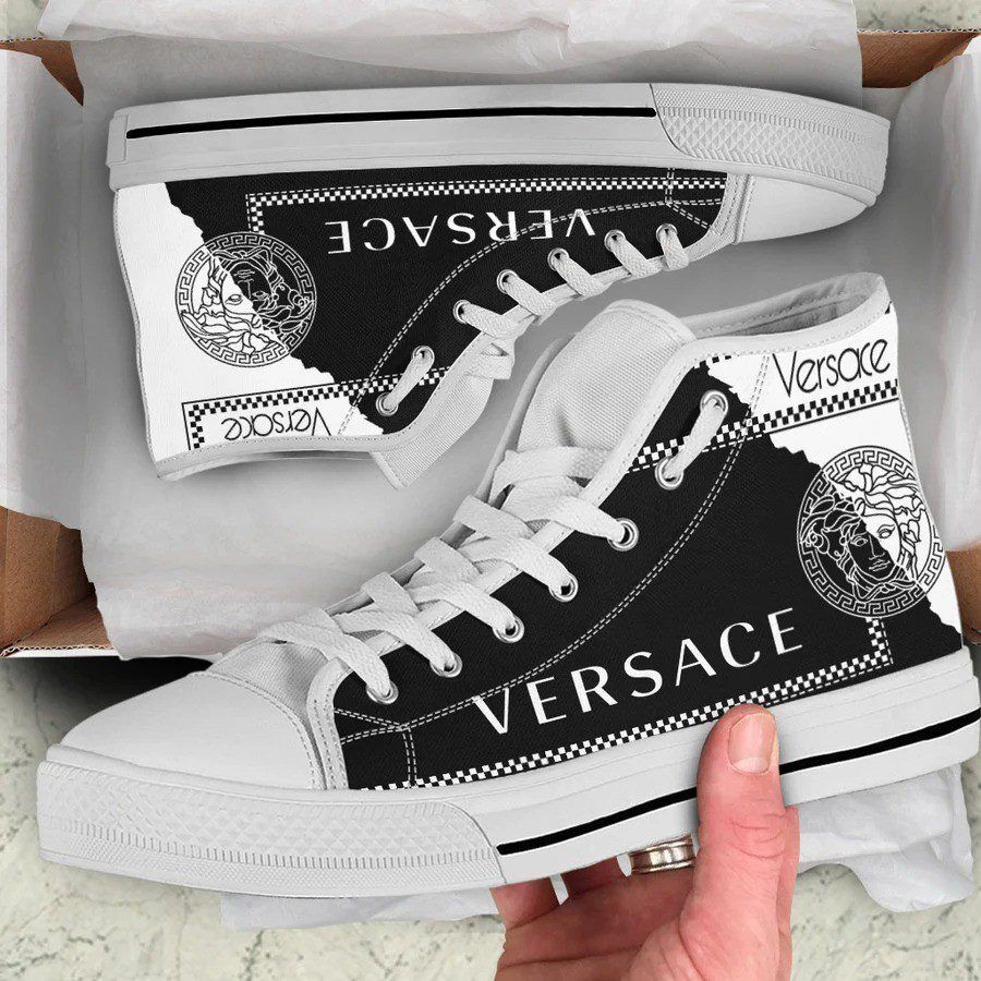 Gianni-Versace-White-Black-High-Top-Canvas-Shoes-Luxury-Sneakers-LHTS057 Gianni Versace White Black High Top Canvas Shoes Luxury Sneakers LHTS057
