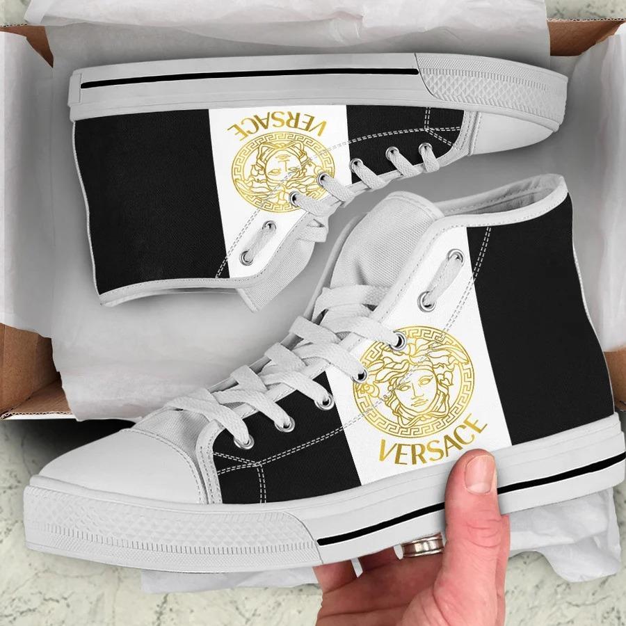 Gianni-Versace-White-Black-High-Top-Canvas-Shoes-Luxury-Sneakers-LHTS058 Gianni Versace White Black High Top Canvas Shoes Luxury Sneakers LHTS058