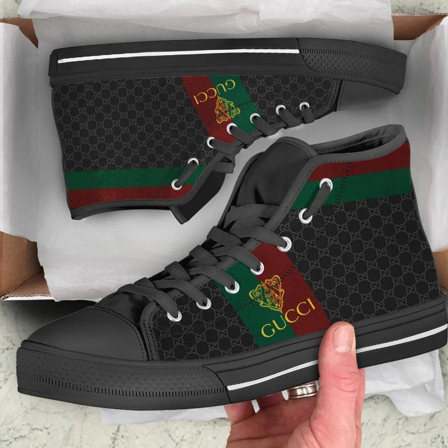Gucci-Black-Stripe-High-Top-Canvas-Shoes-Luxury-Sneakers-LHTS035 Gucci Black Stripe High Top Canvas Shoes Luxury Sneakers LHTS035