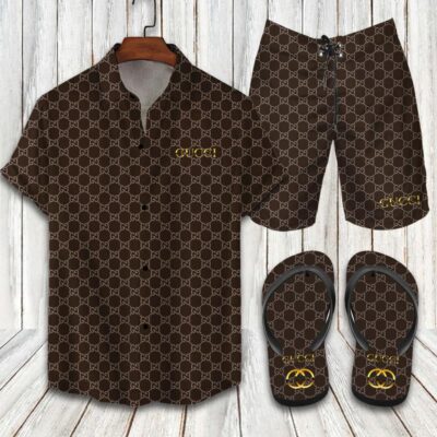Gucci Flip Flops And Combo Hawaii Shirt Shorts Luxury Brand Summer Outfit HSF073