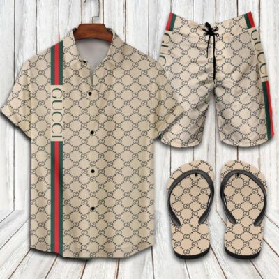 Gucci Flip Flops And Combo Hawaii Shirt Shorts Luxury Brand Summer Outfit HSF205