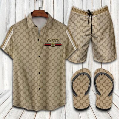 Gucci Flip Flops And Combo Hawaii Shirt Shorts Luxury Brand Summer Outfit HSF207