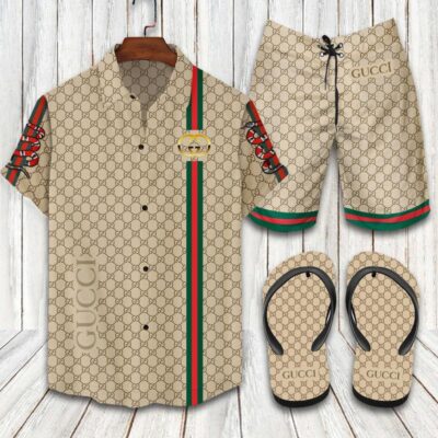 Gucci Flip Flops And Combo Hawaii Shirt Shorts Luxury Brand Summer Outfit HSF223