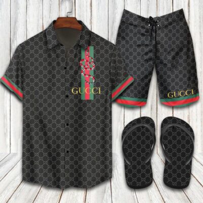 Gucci Flip Flops And Combo Hawaii Shirt Shorts Luxury Brand Summer Outfit HSF229