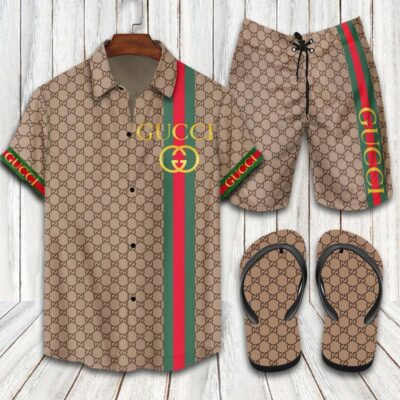Gucci Flip Flops And Combo Hawaii Shirt Shorts Luxury Brand Summer Outfit HSF235