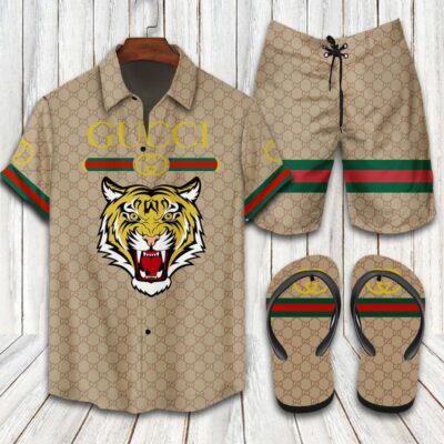 Gucci Flip Flops And Combo Hawaii Shirt Shorts Luxury Brand Summer Outfit HSF238