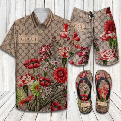 Gucci Flip Flops And Combo Hawaii Shirt Shorts Luxury Brand Summer Outfit HSF273