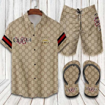 Gucci Flip Flops And Combo Hawaii Shirt Shorts Luxury Brand Summer Outfit HSF312