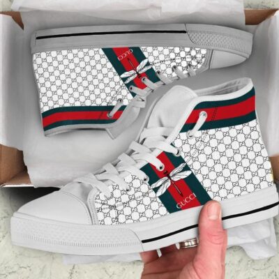 Gucci White Stripe High Top Canvas Shoes Luxury Sneakers LHTS026