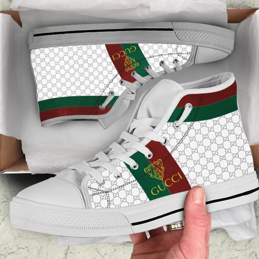 Gucci-White-Stripe-High-Top-Canvas-Shoes-Luxury-Sneakers-LHTS030 Gucci White Stripe High Top Canvas Shoes Luxury Sneakers LHTS030