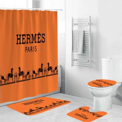 Hermes Paris Orange With Logo Shower Curtain And Mat Set Luxury Bathroom Set BRS783