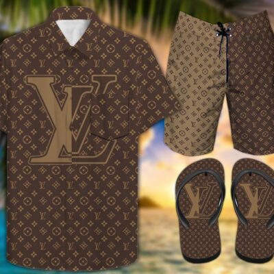 Louis Vuitton LV Flip Flops And Combo Hawaii Shirt Shorts Luxury Brand Summer Outfit HSF012