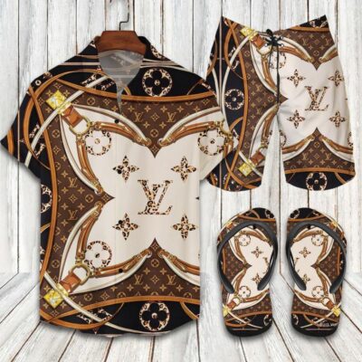 Louis Vuitton LV Flip Flops And Combo Hawaii Shirt Shorts Luxury Brand Summer Outfit HSF122