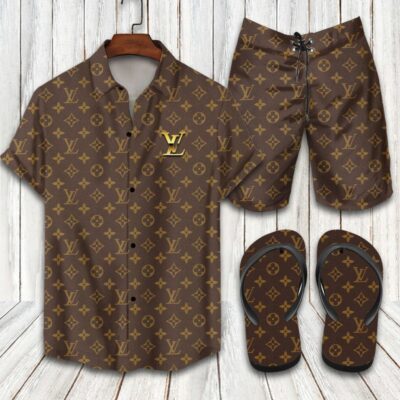 Louis Vuitton LV Flip Flops And Combo Hawaii Shirt Shorts Luxury Brand Summer Outfit HSF193