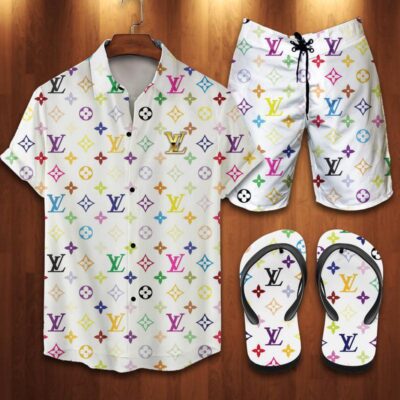 Louis Vuitton LV Flip Flops And Combo Hawaii Shirt Shorts Luxury Brand Summer Outfit HSF216